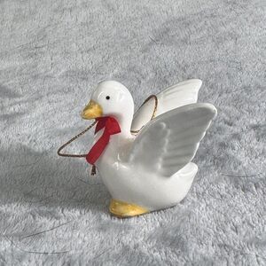 Vintage Japan Ceramic Duck Goose Ornament White Bird Red Ribbon